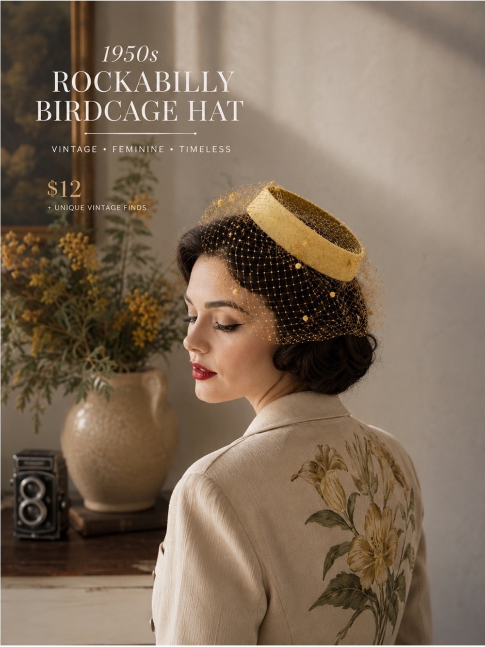 1950s 50s Rockabilly Yellow Birdcage Open Veil Hat Spring